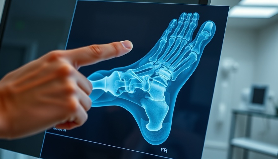 X-ray of a foot with person pointing for foot pain relief.