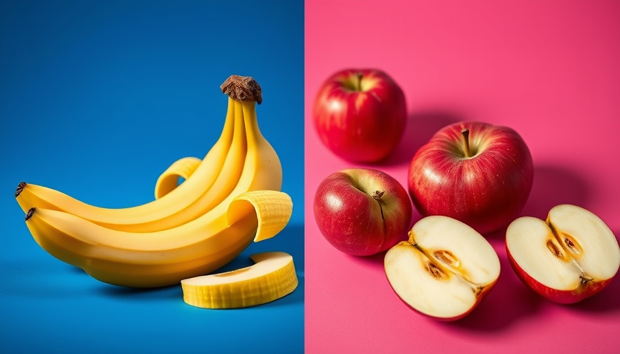 Colorful comparison of fiber content in bananas and apples.