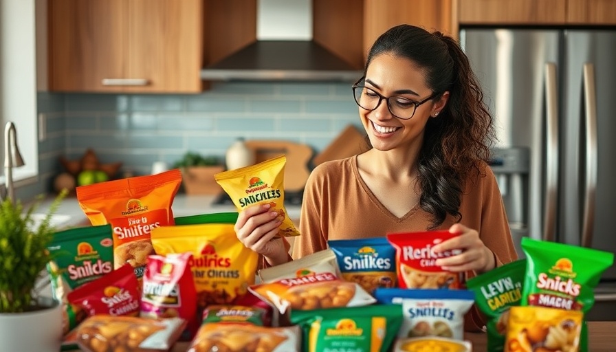 Woman in kitchen with assortment of low carb snacks with vibrant packaging.