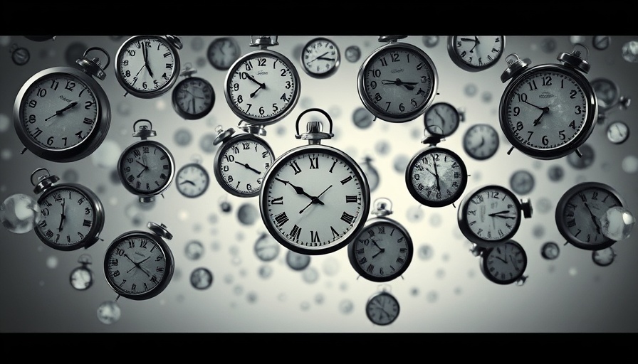 Floating clocks depicting time's passage, symbolizing longevity.