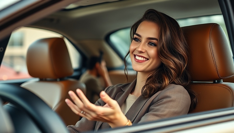 Woman in car discussing healthy eating with an engaging expression.
