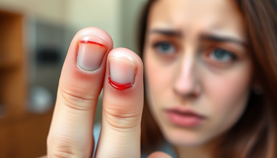 Extreme nail injury recovery close-up with concerned young woman.