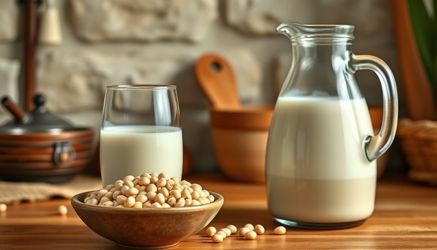 Soy milk benefits illustrated with soy milk and soybeans.