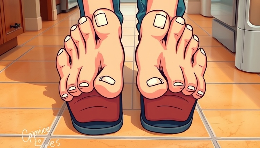 Comedic oversized fake toes in open-toed shoes, vibrant tile floor, toe health.