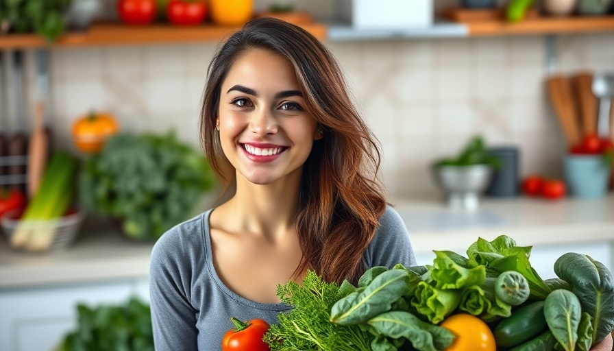 Healthy eating concept with woman next to fresh vegetables.