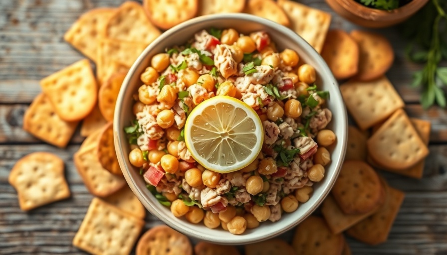 Protein-packed tuna chickpea salad in a bowl with crackers.