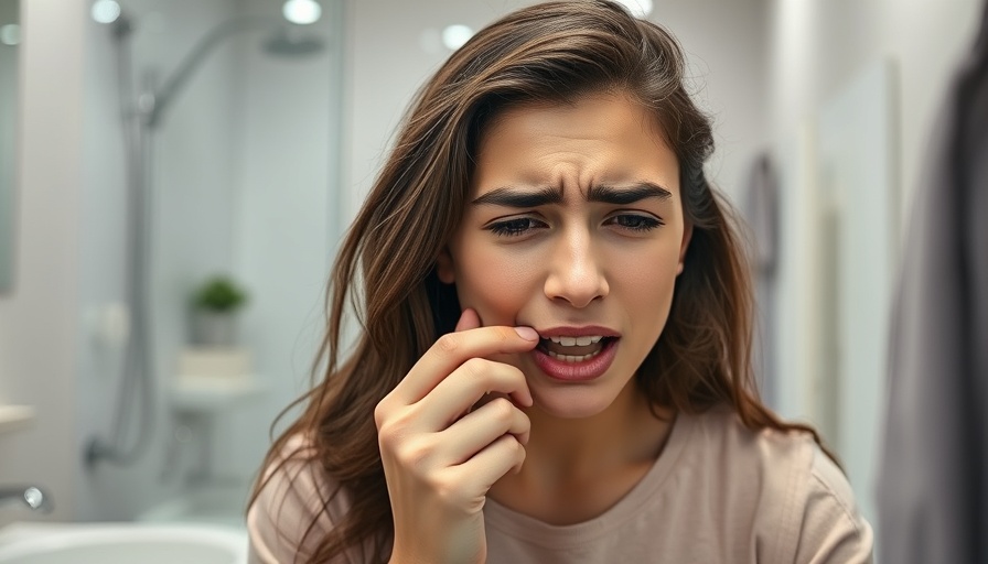Young woman showing dental appointment anxiety in bathroom.
