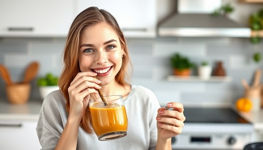 Young woman enjoying healthy smoothie in kitchen promoting healthy eating and immunity building.