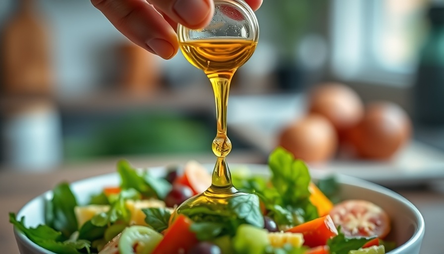 Pouring olive oil on salad for heart health nutrients.