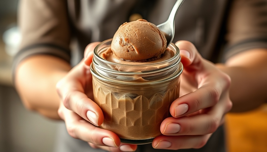 Hands scooping chocolate dessert from jar, healthy ice cream sambos.