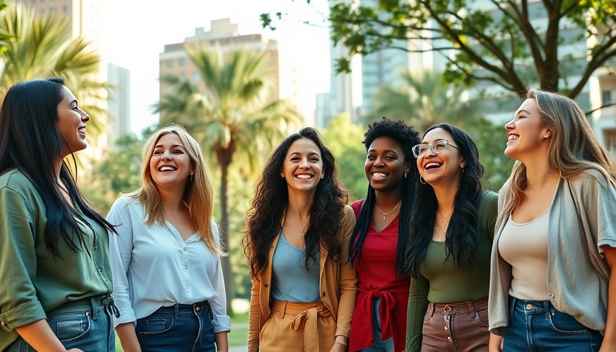 Group of women enjoying laughter and dental care outdoors.