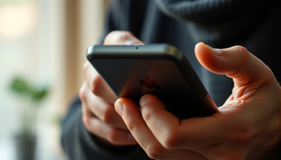 Adult holding a smartphone in a softly lit room.