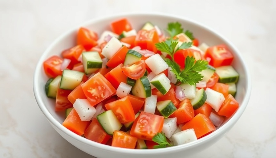 Colorful salad with hydrating foods including cucumbers and tomatoes.