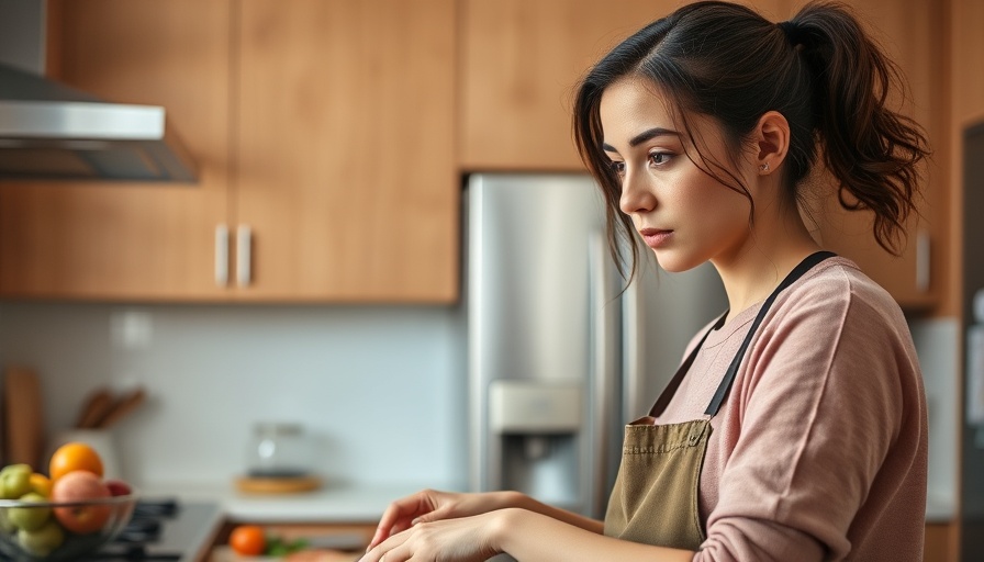 Young woman preparing overnight oats in a modern kitchen.