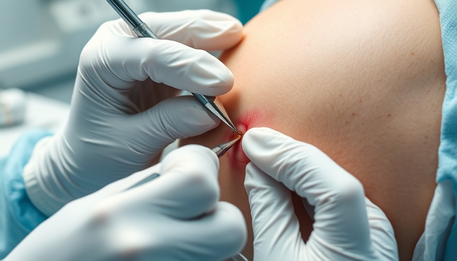 Close-up of skin procedure during a steatocystoma extraction, showing hands in gloves.