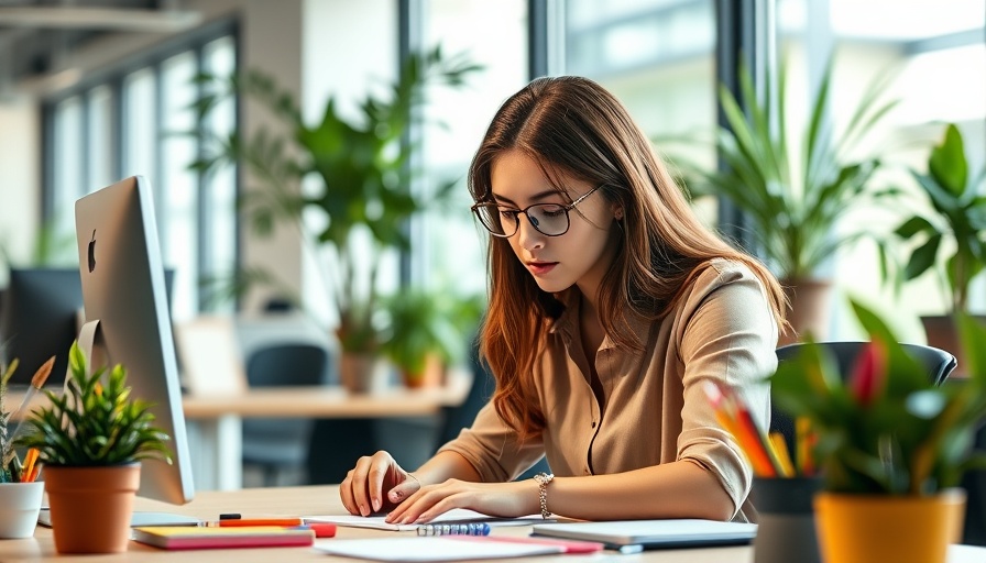 Young woman concentrating at desk in bright office, highlighting brain health.