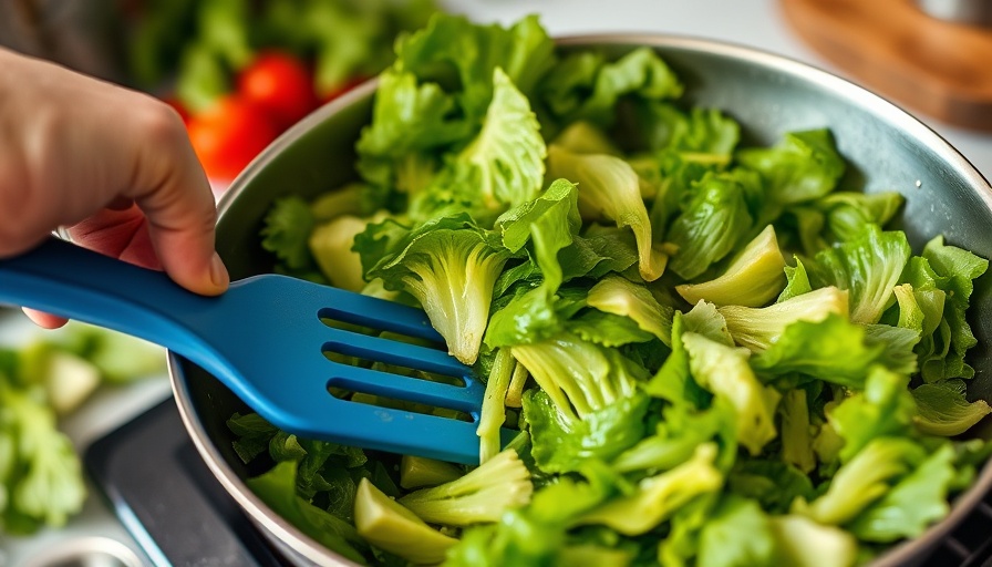 Fresh lettuce cooking in pan, healthy snacks preparation.