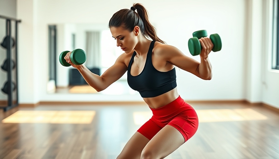 Woman performing tricep kickbacks during HIIT workout indoors, bright lighting.
