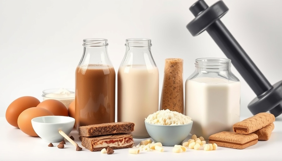 Assortment of protein shakes and supplements with dumbbell in background.