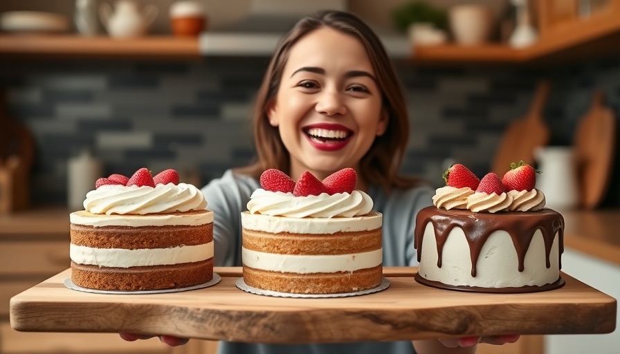 Woman with 90 second low carb cakes on wooden board, kitchen setting.