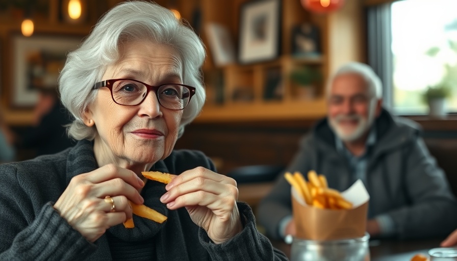 Older woman eating fries, possible diabetes risk discussion.
