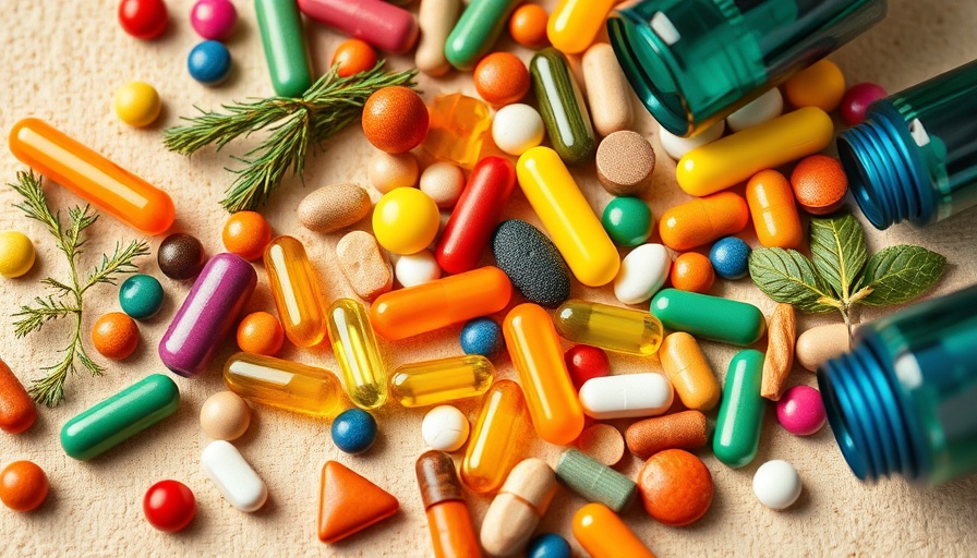 Assorted vitamins and supplements on beige surface in vibrant colors.