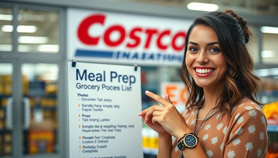 Smiling woman pointing at meal prep grocery list sign in Costco backdrop.