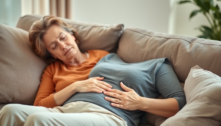 Middle-aged woman lying on couch appearing uncomfortable in living room, Signs of Stomach Cancer