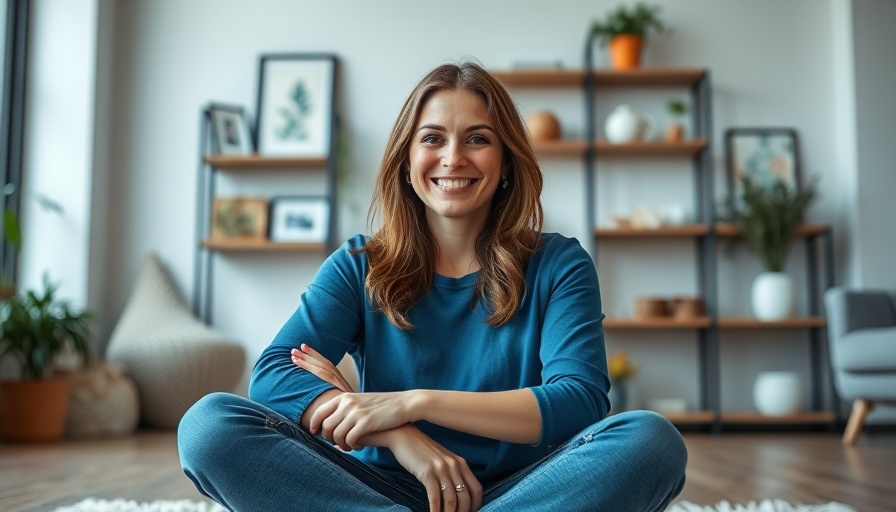 Smiling woman indoors with modern decor, casual vibe.