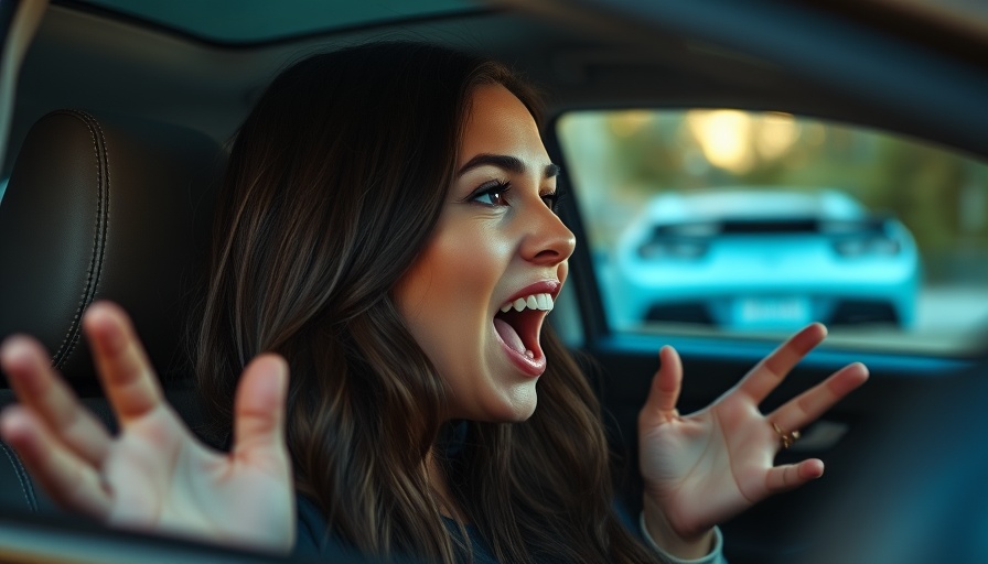 Expressive woman in car discussing weight loss tools, natural lighting.