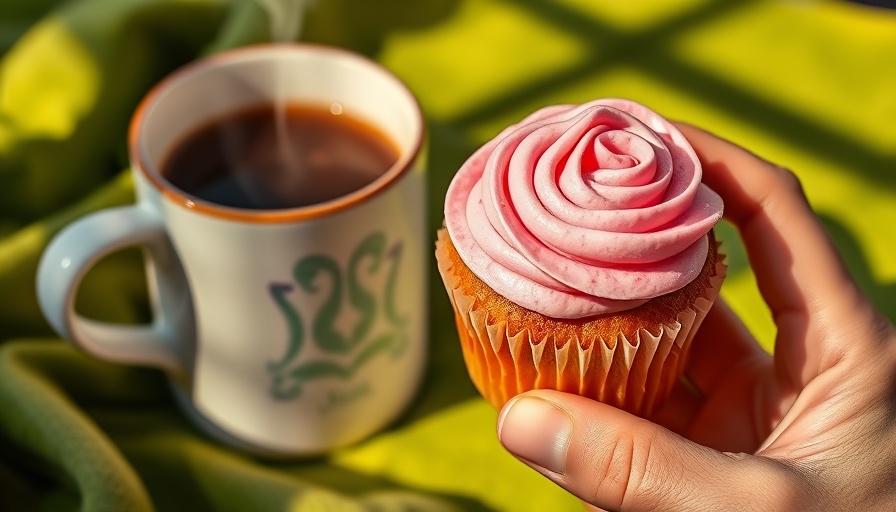 Hand holding pink cupcake and mug under sunlight, healthy ultra-processed foods.