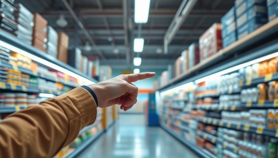Supermarket aisle, pointing hand indicates direction, SLMD products sold out.