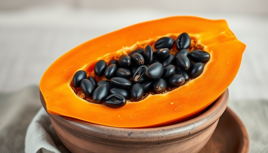 Close-up of papaya halves with seeds emphasizing health benefits.