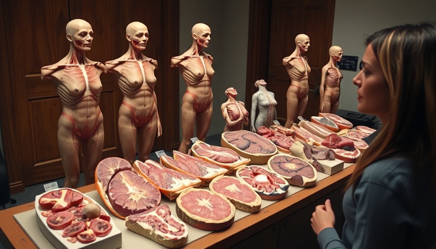 Array of cross-sectional human models on table with presenter.