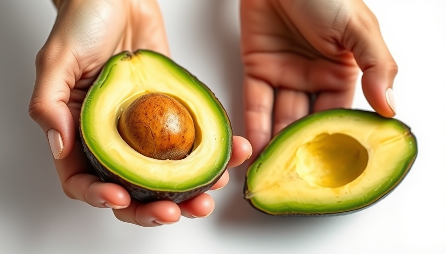 Hands holding a halved avocado with seed, symbolizing healthy eating