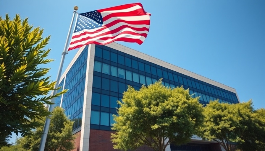 Corporate office building with American flag near trees, related to orforglipron weight loss pill.