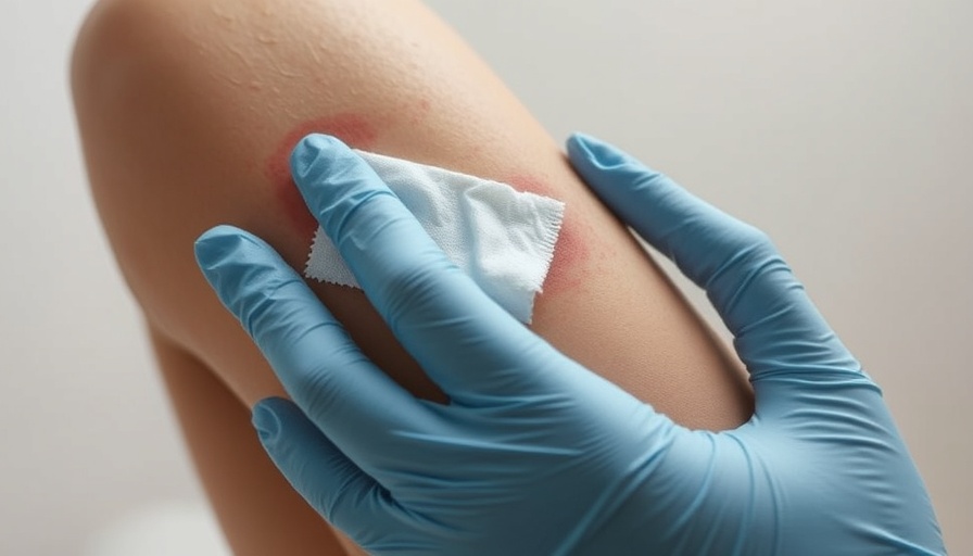 Gloved hand examines skin rash, close-up medical image.