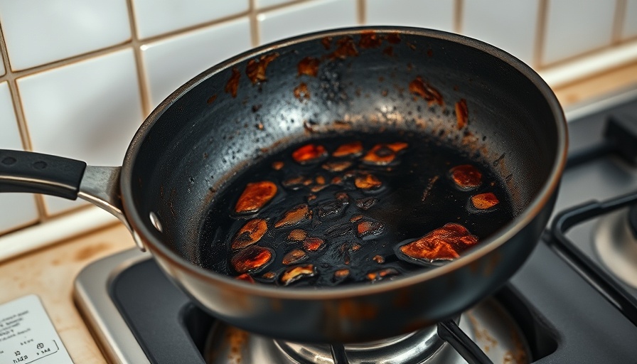 Worn-out pan with charred stains in a kitchen.