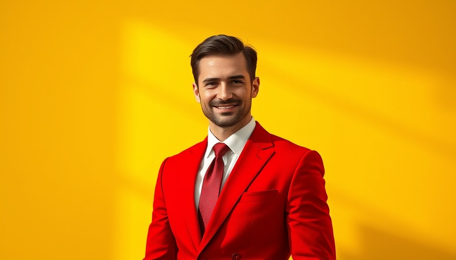 Elegant man in a red suit against a yellow background.