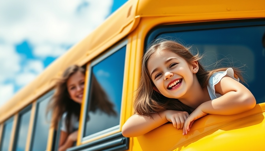 Happy young girls smiling from a school bus window.