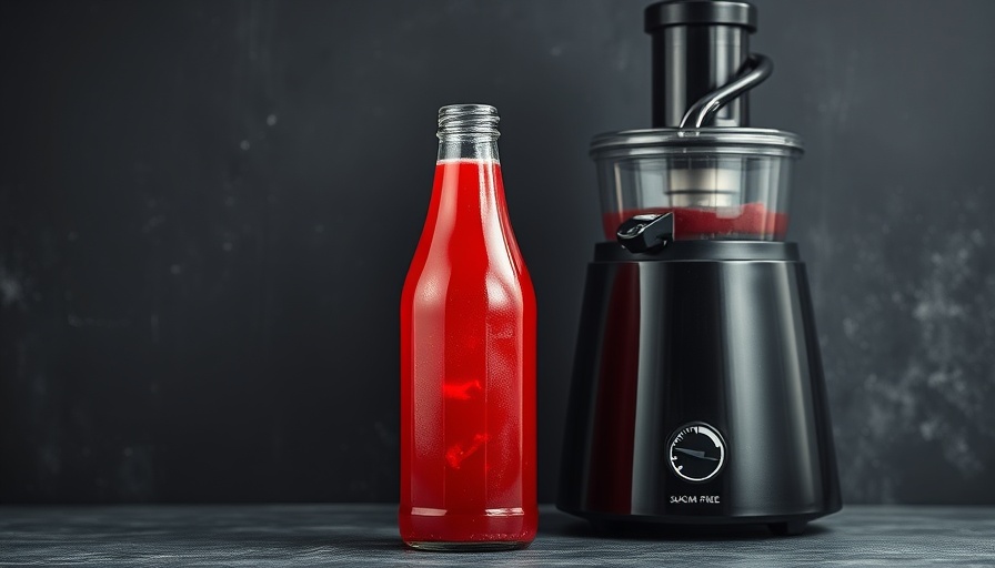 Two bottles of homemade electrolyte drink beside a juicer, labeled sugar-free.