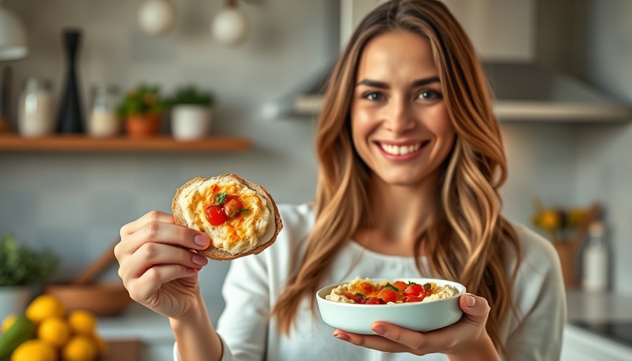 Woman showcasing a 5-minute no bake dip recipe in a kitchen.