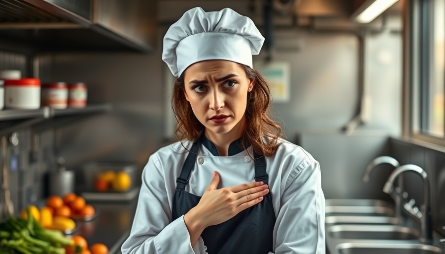 Worried chef with injured finger in kitchen learning how to stop bleeding.