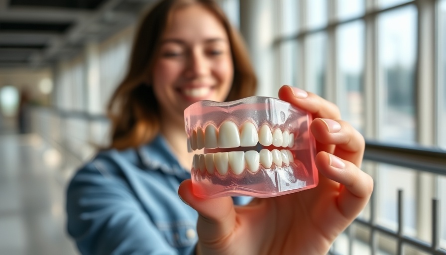 Close-up view of dental veneer mold held by a person, smiling woman behind.
