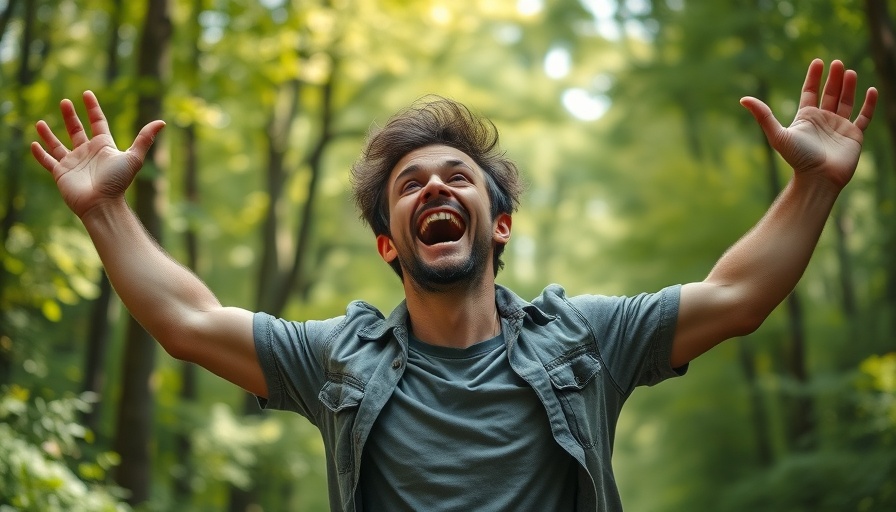 Loving running enthusiast enjoying nature in a forest setting.