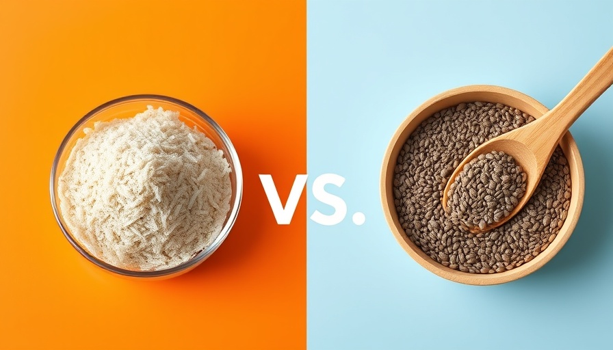 Psyllium Husk vs. Chia Seeds in comparison image with colorful backgrounds.