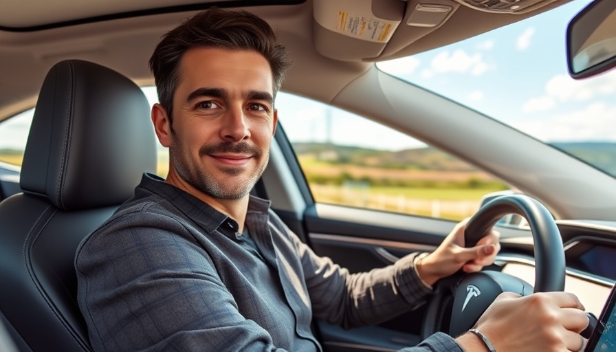 Casual man driving Tesla, countryside view, modern automotive interior.