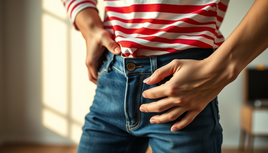 Struggling to button blue jeans with a striped shirt, close-up.