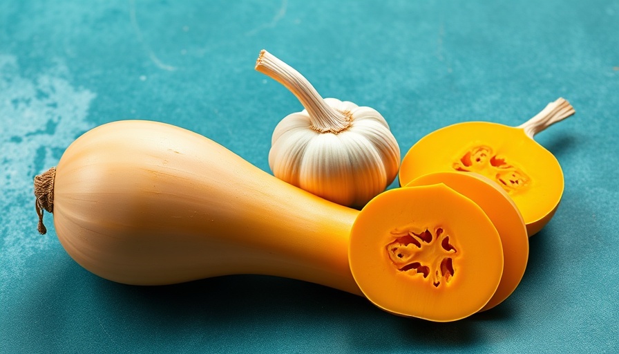 Sliced butternut squash and garlic on green background depicting benefits of eating butternut squash regularly.
