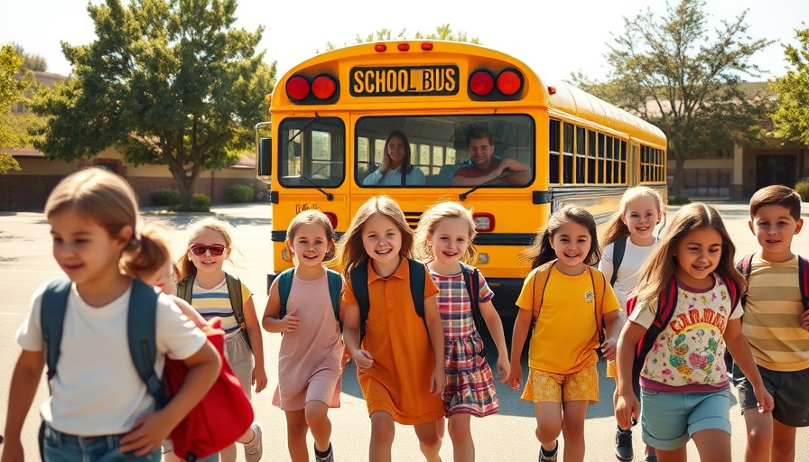 Children leaving school bus, advocating annual mental health screenings for youth
